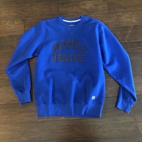 Vintage Russell Sweatshirt Mens Medium Blue Spellout Sweater 80s Cotton Blend - Picture 8 of 11